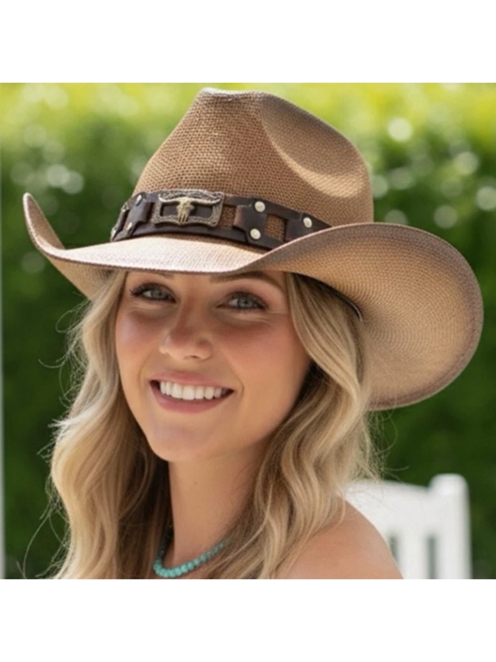 HAT Cowboy Western ⭐️ NWT Straw Longhorn Accent Faux Leather Band